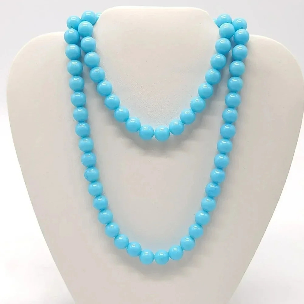 Blue Acrylic Faux Pearl Bead Beaded Necklace Vintage 31" Long